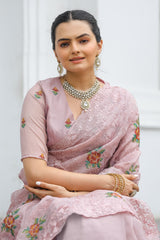 Peach Chiffon Saree Floral Printed With Embroidery