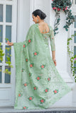 Pista Pure Shiny Zari Chiffon Saree with Intricate Cutwork and Embroidery