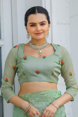 Pista Pure Shiny Zari Chiffon Saree with Intricate Cutwork and Embroidery