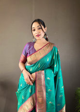 Rama Color Paithani Silk Saree with Contrast Weaving Pallu