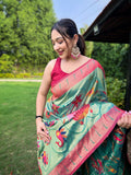 Rama Color Pure Paithani Saree with Unstitched Blouse