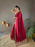 Red Tussar Silk Saree with Embroidery Work