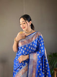 Royal Blue Color Rosy Soft Silk Saree with Beautiful Border, Rich Pallu & Full Brocade | Unstitched Blouse Included.