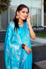 Blue Satin Saree with Soft Silk Kanjivaram