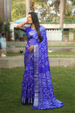 Navy Blue Handmade Bandhej Silk Saree With Matching Blouse