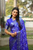 Navy Blue Handmade Bandhej Silk Saree With Matching Blouse