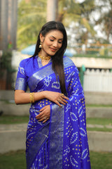 Navy Blue Handmade Bandhej Silk Saree With Matching Blouse
