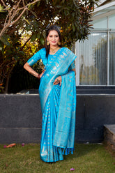 Blue Satin Saree with Soft Silk Kanjivaram