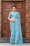 Blue Chiffon Saree with Intricate Cutwork