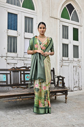 Green Soft Bhagalpuri Silk Saree with Classic Pichwai Print Border