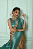 Teal Soft Silk Saree with Kalamkari Prints