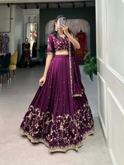 Wine Color Vichitra Silk Lehenga Choli with Sequin and Thread Embroidery