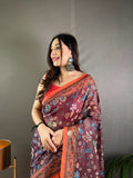 Wine Malai Cotton Saree with Kalamkari Print