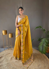 Yellow Tussar Saree in Silk with Embroidery Work