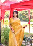Yellow Linen Saree in Resham Silk