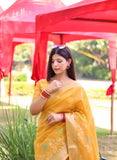 Yellow Linen Saree in Resham Silk