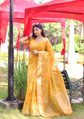 Yellow Linen Saree in Resham Silk