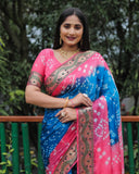 Blue Dual Color Bandhej Silk Saree