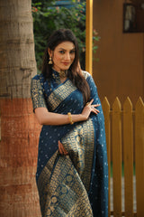 Blue Handmade Bandhej Kanjivaram Silk Saree For Wedding