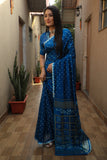Blue Bandhej Silk Saree with Checks Pattern Pallu