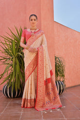 Cream Banarasi Silk Paithani Saree with Zari Weaving