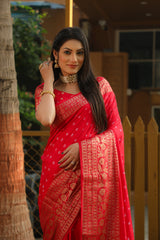 Dark Pink Color Handmade Bandhej Kanjivaram Silk Saree