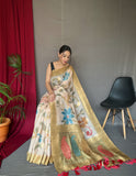 Golden Color Digital Print Silk Saree with Floral Katha Stitch