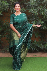 Green Pure Bandhej Silk Saree with Lagdi Patta Zari Weaving
