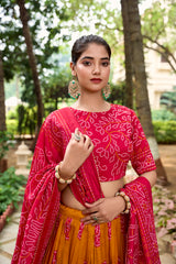 Mustard tussar silk Bandhej design lehenga choli