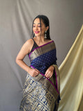 Beautiful Navy Color Soft Silk Saree with Silver & Gold Zari Checks, Gold Zari Woven Broad Border, Elegant Pallu | Unstitched Blouse Piece.