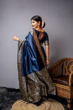 Navy Blue Handloom Raw Silk Saree With Blouse For Women