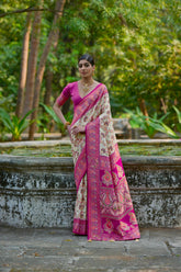 Off White Pashmina Silk Kashmiri Weaving Saree
