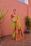 Parrot Green Banarasi Silk Paithani Saree with Zari Weaving