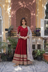 Premium Red Designer ReadyMade Gown Collection - Faux Blooming Embroidery Zari Sequins Work | Gown with Dupatta
