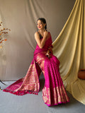 Beautiful Pink Soft Silk Saree with Silver & Gold Zari Checks, Gold Zari Woven Broad Border, Elegant Pallu | Unstitched Blouse Piece.