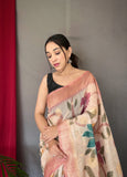 Pink Color Digital Print Silk Saree with Floral Katha Stitch
