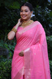 Pink Color Maheshwari Tissue Silk Weaving Saree with Zari Butties, Woven Pallu, Border, and Fancy Tassels - Elegant Traditional Wear.