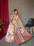 Pink Color Digital Print Silk Saree with Floral Katha Stitch