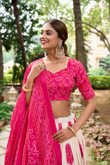 Pink tussar silk Bandhej design lehenga choli