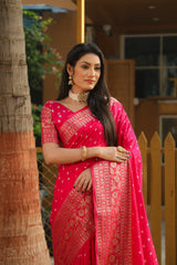 Pink Color Handmade Bandhej Kanjivaram Silk Saree