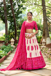 Pink tussar silk Bandhej design lehenga choli