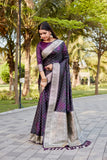 Dark Purple Satin Silk Saree with Kanjivaram Soft Satin Blouse