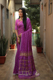 Purple Bandhej Silk Saree with Checks Pattern Pallu