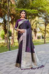 Dark Purple Satin Silk Saree with Kanjivaram Soft Satin Blouse