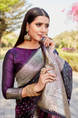 Dark Purple Satin Silk Saree with Kanjivaram Soft Satin Blouse