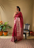 Elegant Red Khicha Checks Saree in Soft Litchi Silk with Rich Pallu, Attractive Border & Exquisite Patterns.