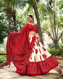 Red tussar silk bandhej design lehenga choli