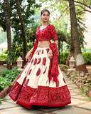 Red tussar silk bandhej design lehenga choli
