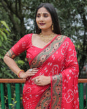 Red Dual Colour Bandhej Silk Lightweight Saree For Weddings