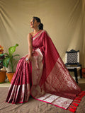 Elegant Red Khicha Checks Saree in Soft Litchi Silk with Rich Pallu, Attractive Border & Exquisite Patterns.